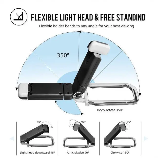 Alt view image 6 of 7 - Portable USB Rechargeable LED Clip-on Book Light for Eye-Protection, 3 Brightness Adjustable Dimmable Bookmark Light for Reading in Bed (Black)