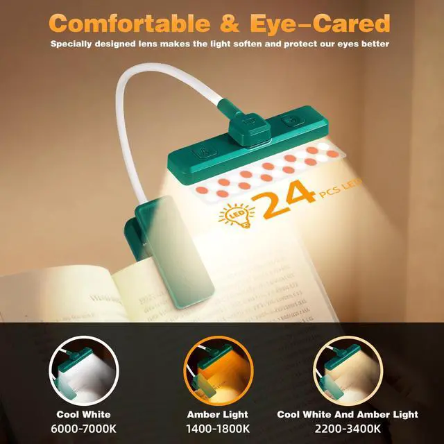 Alt view image 3 of 6 - 24 LEDs Rotatable Book Light, Rechargeable Clip Reading Lamp, Green | 3 color temps, 9 dimmable levels, flicker free eye care, 120hrs runtime, lightweight clip on for night reading & bookworms