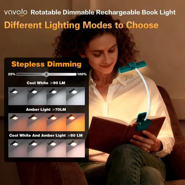 Alt view image 4 of 6 - 24 LEDs Rotatable Book Light, Rechargeable Clip Reading Lamp, Green | 3 color temps, 9 dimmable levels, flicker free eye care, 120hrs runtime, lightweight clip on for night reading & bookworms