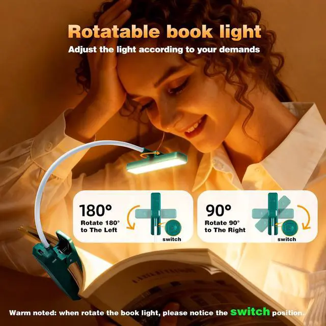 Alt view image 5 of 6 - 24 LEDs Rotatable Book Light, Rechargeable Clip Reading Lamp, Green | 3 color temps, 9 dimmable levels, flicker free eye care, 120hrs runtime, lightweight clip on for night reading & bookworms