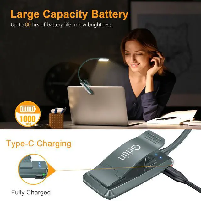Alt view image 4 of 7 - 9 LED Rechargeable Book Light for Reading in Bed | Eye Caring 3 Color Temps,Stepless Dimming Brightness,80 Hrs Runtime Small Lightweight Clip On Book Reading Light-Pacific Blue