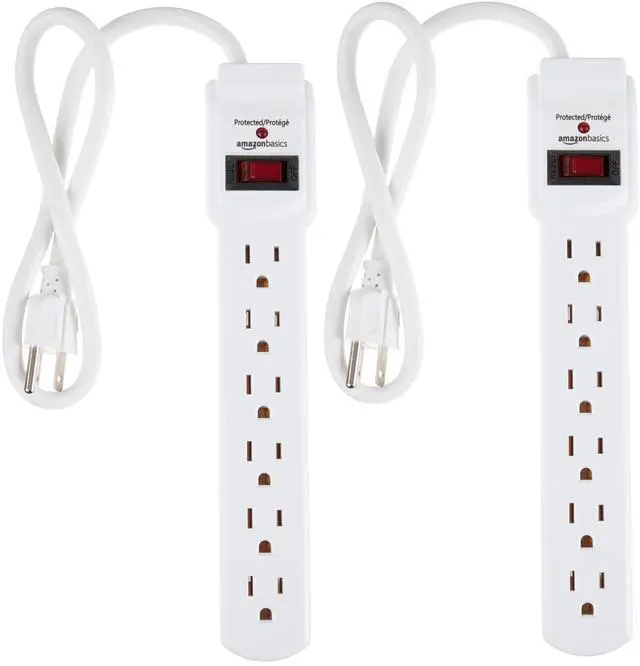 Main image of Surge Protector Power Strip, 6-Outlet with 200J Protection, Circuit Breaker, LED Indicator, On/Off Switch, Wall-Mounting, 2ft Extension Cord, White, 2-Pack