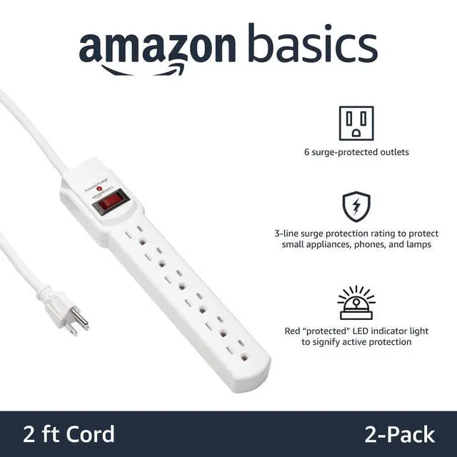 Alt view image 2 of 4 - Surge Protector Power Strip, 6-Outlet with 200J Protection, Circuit Breaker, LED Indicator, On/Off Switch, Wall-Mounting, 2ft Extension Cord, White, 2-Pack