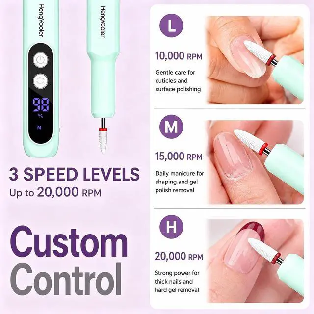 Alt view image 5 of 7 - Cordless Electric Nail Drill Professional 3 Speeds Nail Drill Kit for Acrylic Gel Dip, USB Portable Rechargeable 20000 RPM Efile Manicure Pedicure Polishing Shape Tools(Green