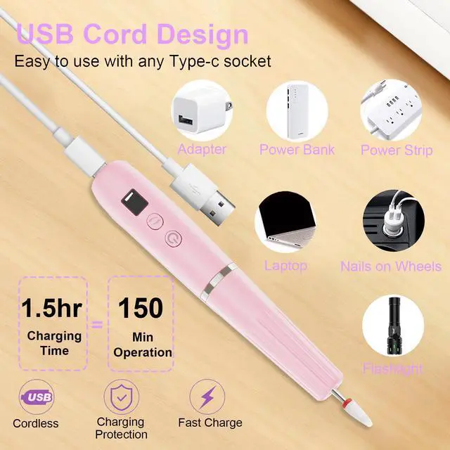 Alt view image 3 of 7 - Electric Nail Filer, Professional Nail Drill Kit, Electric Nail Drill Kit, Portable File for Acrylic Gel Nails, Cordless Nail File Electric Manicure Pedicure Tools with Drill Bits for Home Salon