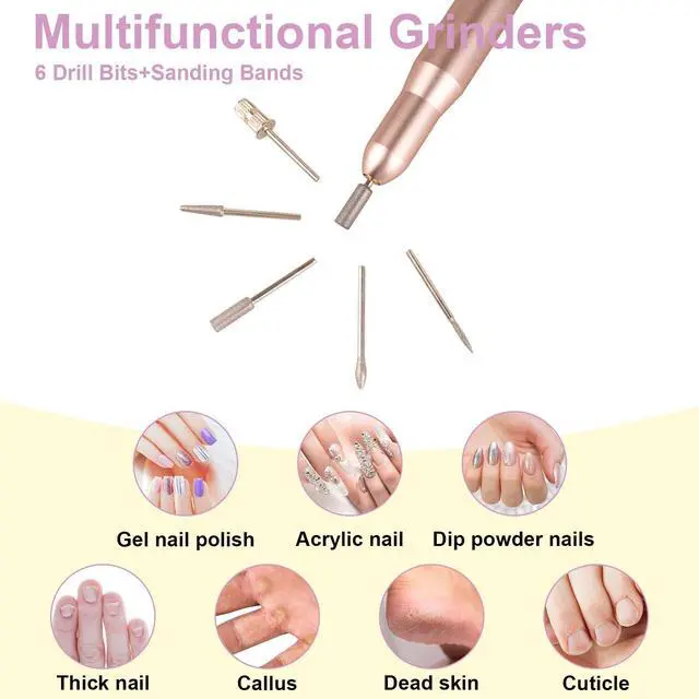 Alt view image 2 of 7 - Electric Nail Drill Set for Acrylic Manicure Pedicure Tools | Aluminum Body, Pink Gold Compact Design, Multi Drill Bits Sanding Bands, Low Noise, Fit Home Salon Nail Care Tasks
