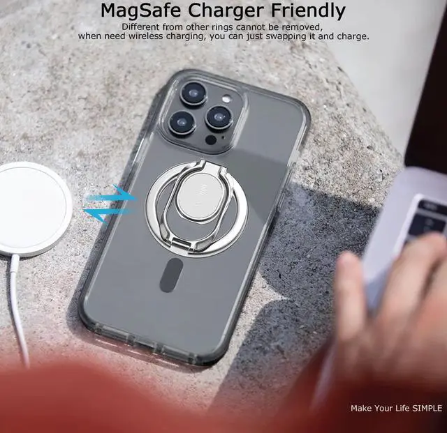 Alt view image 6 of 7 - Magnetic Phone Grip Holder Kickstand, Gym Double Adjustable Finger Ring Grip and Stand, Compatible with PopSockets MagSafe Ring Removable for iPhone (Silver)
