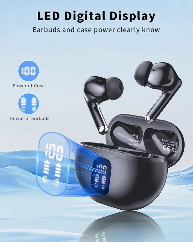 Alt view image 2 of 7 - Wireless Earbuds, Bluetooth 5.4 Headphones with 50H Playback, Deep Bass Stereo Ear Buds Clear Calls with LED Power Display, IPX7 Waterproof, in-Ear Earphones with Mic for Phone/Android/iPad, Black