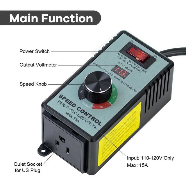Alt view image 4 of 7 - AC Motor Variable Speed Controller 120V 12A, LED Voltage Display Power Regulator for Ceiling Fans Blower Hydroponics Inline Duct Exhaust