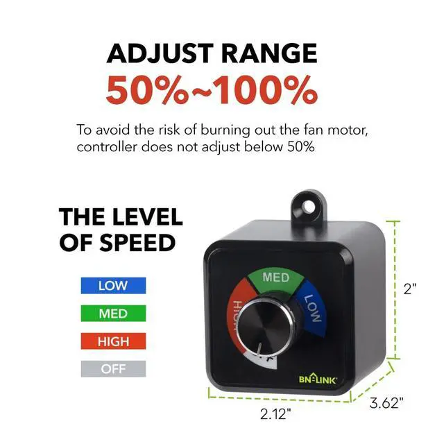 Alt view image 2 of 7 - Variable Fan Speed Controller, Plug-in 3 Speed Adjuster Cordless | AC Motor Speed Controller for Duct Inline Exhaust Vent Blower, Ventilation Fans, 125V, 4.8A, 600W