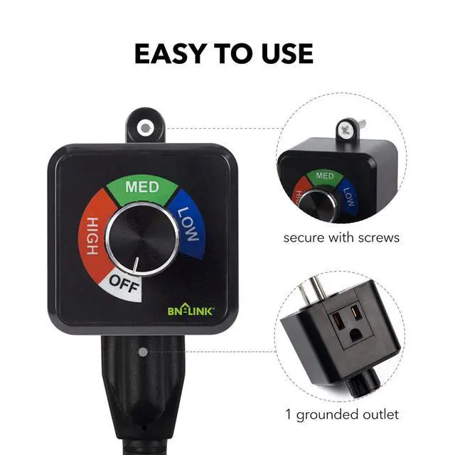 Alt view image 7 of 7 - Variable Fan Speed Controller, Plug-in 3 Speed Adjuster Cordless | AC Motor Speed Controller for Duct Inline Exhaust Vent Blower, Ventilation Fans, 125V, 4.8A, 600W