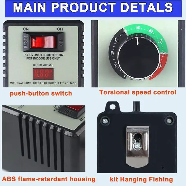 Alt view image 5 of 7 - 15A Peak AC Motor Speed Controller,120V Variable Fan Speed Controller | with Precise LED Display, Electronic Voltage Regulator for Fans, Dimmable Lights, and Small Power Tools