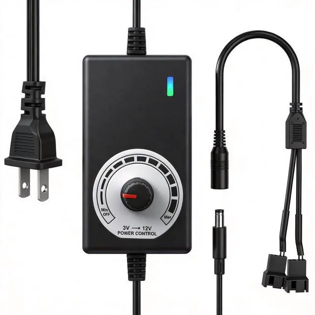 Main image of 12V PC Fan Speed Controller, AC Plug with 2X 4-Pin Splitter Cable | 24W Power Adapter, Compatible 2/3/4-Pin, Case Cooling Project for PC Server Cabinet DVR TV Router Receiver Xbox Greenhouse