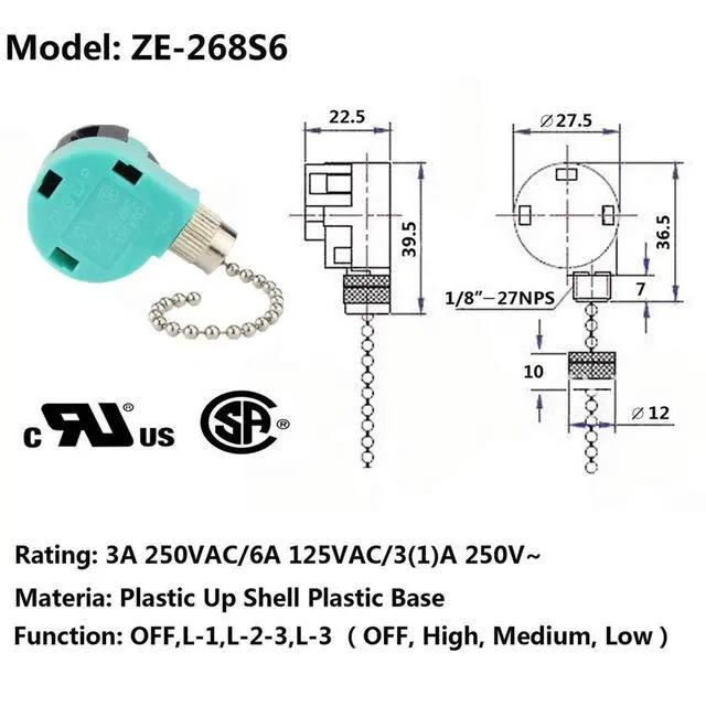 Alt view image 3 of 7 - Ceiling Fan Switch 3 Speed 4 Wire Zing Ear ZE 268S6 Pull Chain Switch Control Replacement 3 Speed Control S Witch Ceiling Fans, Wall Lamps, Cabinet Light