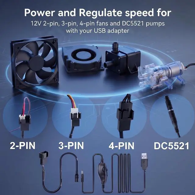 Alt view image 3 of 7 - 12V PC Fan Speed Controller, USB to 4-Pin Splitter Cable | Long Wire Power Adapter, Compatible 2/3/4-Pin, Cooling Project for PC Server Cabinet DVR TV Router Receiver Xbox Greenhouse