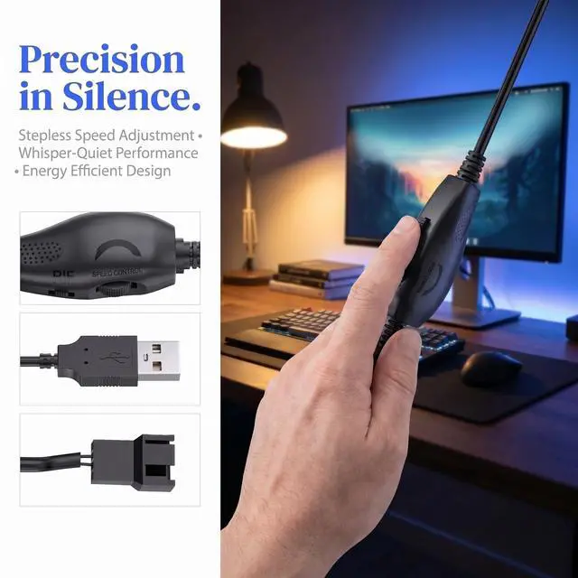 Alt view image 2 of 7 - 12V PC Fan Speed Controller, USB to 4-Pin Splitter Cable | Long Wire Power Adapter, Compatible 2/3/4-Pin, Cooling Project for PC Server Cabinet DVR TV Router Receiver Xbox Greenhouse
