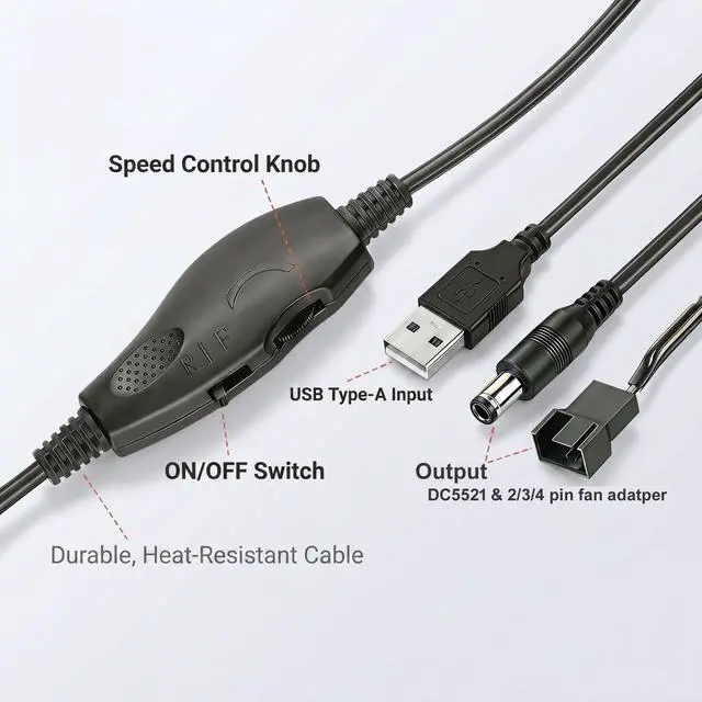 Alt view image 6 of 7 - 12V PC Fan Speed Controller, USB to 4-Pin Splitter Cable | Long Wire Power Adapter, Compatible 2/3/4-Pin, Cooling Project for PC Server Cabinet DVR TV Router Receiver Xbox Greenhouse