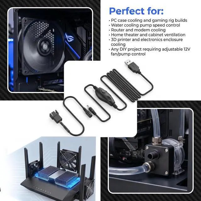 Alt view image 5 of 7 - 12V PC Fan Speed Controller, USB to 4-Pin Splitter Cable | Long Wire Power Adapter, Compatible 2/3/4-Pin, Cooling Project for PC Server Cabinet DVR TV Router Receiver Xbox Greenhouse