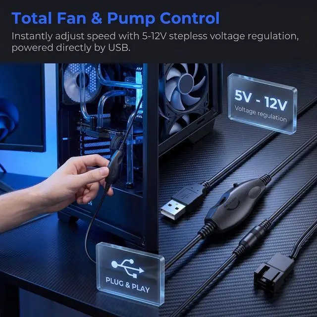Alt view image 4 of 7 - 12V PC Fan Speed Controller, USB to 4-Pin Splitter Cable | Long Wire Power Adapter, Compatible 2/3/4-Pin, Cooling Project for PC Server Cabinet DVR TV Router Receiver Xbox Greenhouse