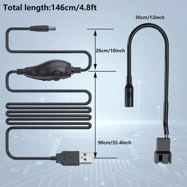 Alt view image 7 of 7 - 12V PC Fan Speed Controller, USB to 4-Pin Splitter Cable | Long Wire Power Adapter, Compatible 2/3/4-Pin, Cooling Project for PC Server Cabinet DVR TV Router Receiver Xbox Greenhouse