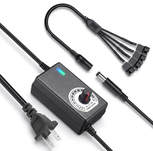 Main image of 12V PC Fan Speed Controller, AC Plug with 4X 4-Pin Splitter Cable | 36W Power Adapter ,Compatible 2/3/4-Pin, Cooling Project for Nas Server AV Cabinet DVR TV Router Receiver Xbox Greenhouse
