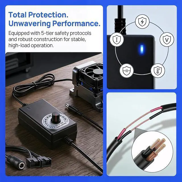 Alt view image 3 of 7 - 12V PC Fan Speed Controller, AC Plug with 4X 4-Pin Splitter Cable | 36W Power Adapter ,Compatible 2/3/4-Pin, Cooling Project for Nas Server AV Cabinet DVR TV Router Receiver Xbox Greenhouse