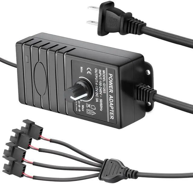 Main image of 12V Fan Controller with Splitter Cable, 36W Adjustable Speed Controller AC 100-240V to DC 4-12V, PC Fan Power Supply Adapter for 3Pin 4Pin Computer Cooling Fans (FC-3/4P