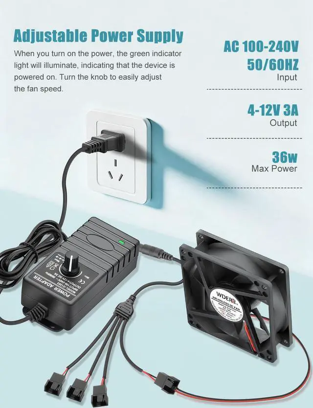 Alt view image 4 of 5 - 12V Fan Controller with Splitter Cable, 36W Adjustable Speed Controller AC 100-240V to DC 4-12V, PC Fan Power Supply Adapter for 3Pin 4Pin Computer Cooling Fans (FC-3/4P