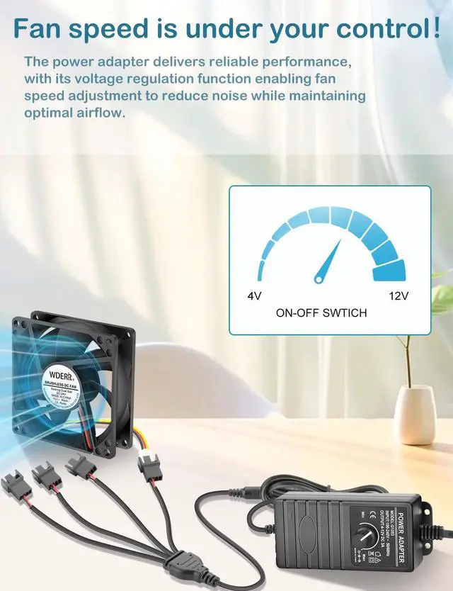 Alt view image 2 of 5 - 12V Fan Controller with Splitter Cable, 36W Adjustable Speed Controller AC 100-240V to DC 4-12V, PC Fan Power Supply Adapter for 3Pin 4Pin Computer Cooling Fans (FC-3/4P