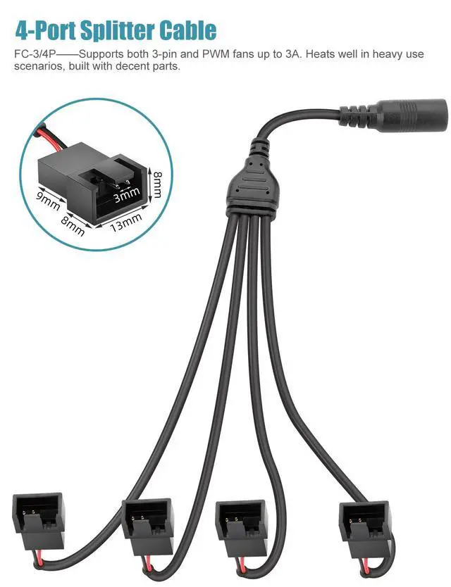Alt view image 5 of 5 - 12V Fan Controller with Splitter Cable, 36W Adjustable Speed Controller AC 100-240V to DC 4-12V, PC Fan Power Supply Adapter for 3Pin 4Pin Computer Cooling Fans (FC-3/4P