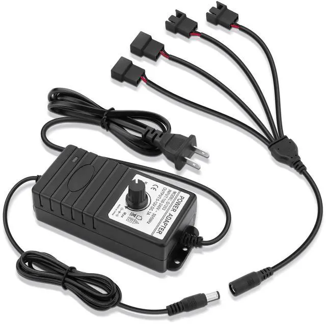 Main image of 36W 4Pin 12V Computer Fan Controller 4-12V DC 3A to AC 110V-240V | CPU fan 4 Port Speed Controller with 3Pin 4Pin Fan Splitter, 110V-240V AC to 4-12V DC 3A Adapter Supports 3/4 Pin Fans