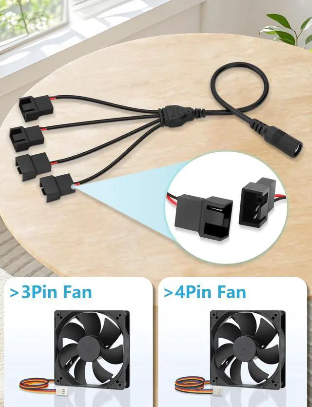 Alt view image 2 of 6 - 36W 4Pin 12V Computer Fan Controller 4-12V DC 3A to AC 110V-240V | CPU fan 4 Port Speed Controller with 3Pin 4Pin Fan Splitter, 110V-240V AC to 4-12V DC 3A Adapter Supports 3/4 Pin Fans