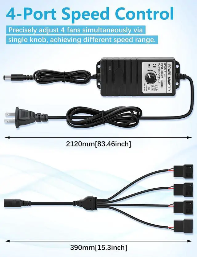 Alt view image 3 of 6 - 36W 4Pin 12V Computer Fan Controller 4-12V DC 3A to AC 110V-240V | CPU fan 4 Port Speed Controller with 3Pin 4Pin Fan Splitter, 110V-240V AC to 4-12V DC 3A Adapter Supports 3/4 Pin Fans
