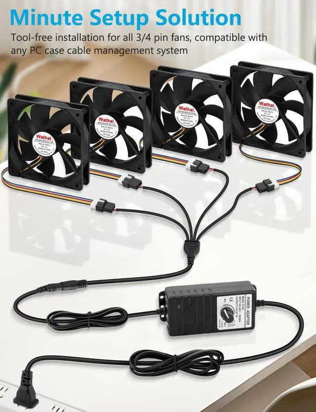 Alt view image 4 of 6 - 36W 4Pin 12V Computer Fan Controller 4-12V DC 3A to AC 110V-240V | CPU fan 4 Port Speed Controller with 3Pin 4Pin Fan Splitter, 110V-240V AC to 4-12V DC 3A Adapter Supports 3/4 Pin Fans