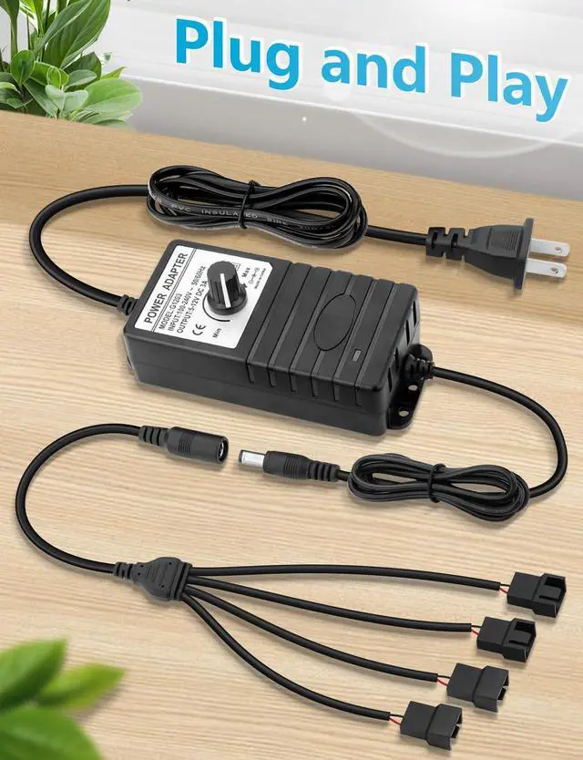 Alt view image 5 of 6 - 36W 4Pin 12V Computer Fan Controller 4-12V DC 3A to AC 110V-240V | CPU fan 4 Port Speed Controller with 3Pin 4Pin Fan Splitter, 110V-240V AC to 4-12V DC 3A Adapter Supports 3/4 Pin Fans
