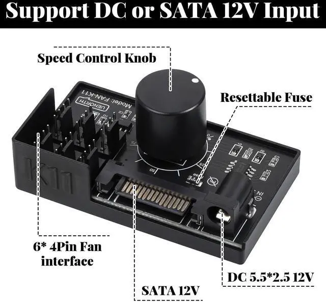 Alt view image 4 of 7 - 4 Pin PWM Fan Controller Hub 12V 6 Fans Supported PC Fan Adapter Hub Powered Adjustable Speed Knob with Max Total 60W 5A Output for Fans Cooling