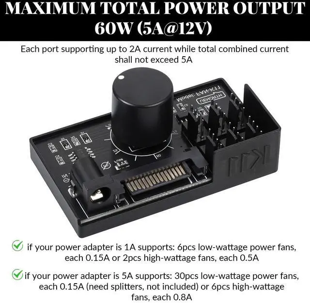 Alt view image 6 of 7 - 4 Pin PWM Fan Controller Hub 12V 6 Fans Supported PC Fan Adapter Hub Powered Adjustable Speed Knob with Max Total 60W 5A Output for Fans Cooling