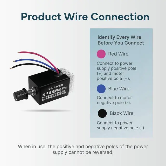 Alt view image 3 of 7 - Motor Speed Controller, PWM, DC Variable Speed Fan 12V 24V 10A, 1-Pack | Built-in heatsink for reliable cooling. Color-coded wires for easy install. Great for fans, blowers, heaters & small motors.