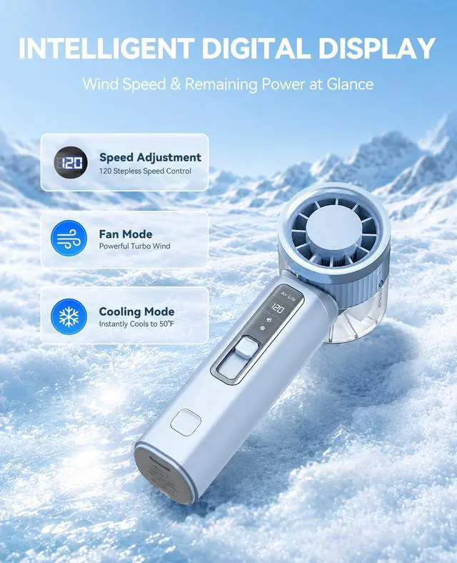 Alt view image 6 of 7 - Portable Handheld Mini Turbo Fan with Ice Cooling, MiFan Blue | 120 Speed Adjustable, 15600RPM Turbo Airflow, 9H MAX, LED Display, USB-C Rechargeable, Compact & Lightweight for Travel, etc