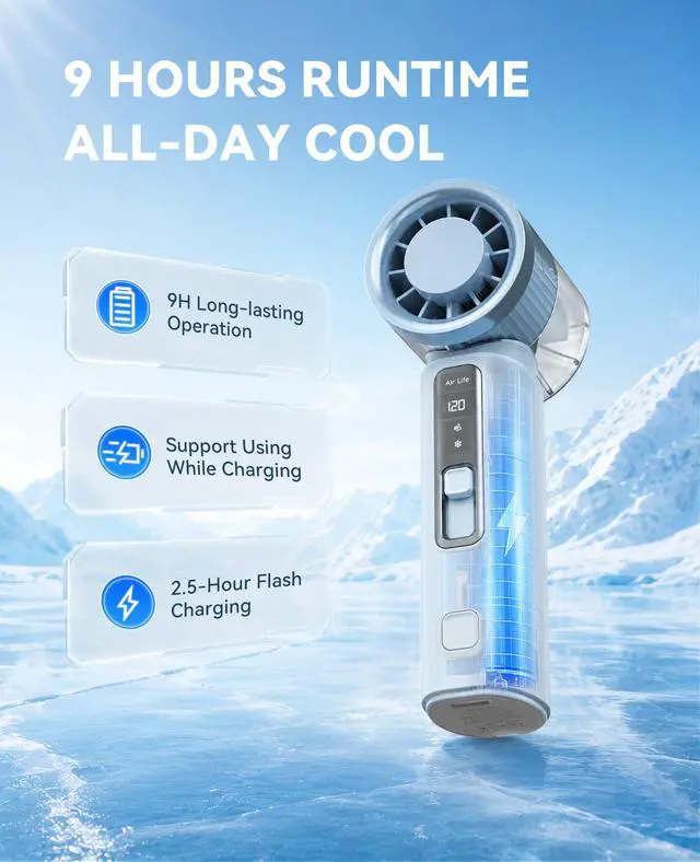 Alt view image 7 of 7 - Portable Handheld Mini Turbo Fan with Ice Cooling, MiFan Blue | 120 Speed Adjustable, 15600RPM Turbo Airflow, 9H MAX, LED Display, USB-C Rechargeable, Compact & Lightweight for Travel, etc