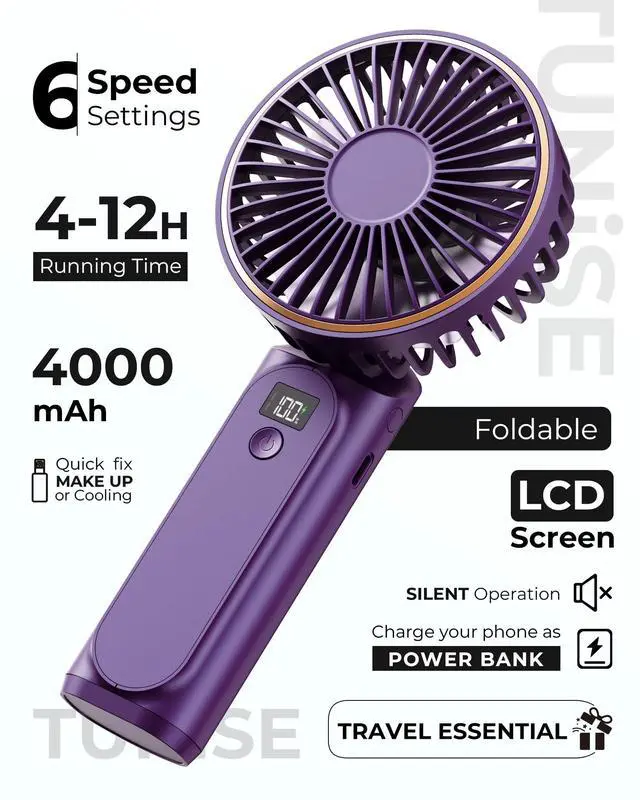 Alt view image 2 of 7 - Portable Handheld Fan, 4000mAh, 180 Adjustable, 6 Speed Wind, USB Rechargeable Foldable Fan with Real-Time Electricity Display
