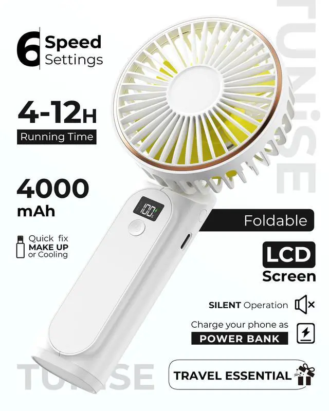 Alt view image 2 of 7 - Portable Handheld Fan, Portable Fan Rechargeable, 4000mAh, 180° Adjustable, 6 Speed Wind, Display Electricity in Real Time, USB Rechargeable Foldable F an, Quiet Personal Fan with Power Bank