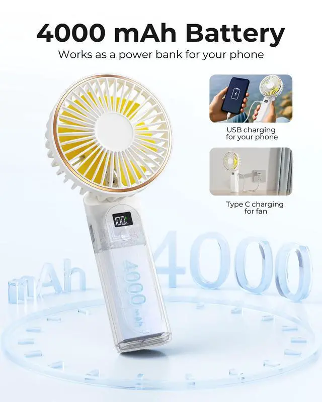 Alt view image 4 of 7 - Portable Handheld Fan, Portable Fan Rechargeable, 4000mAh, 180° Adjustable, 6 Speed Wind, Display Electricity in Real Time, USB Rechargeable Foldable F an, Quiet Personal Fan with Power Bank