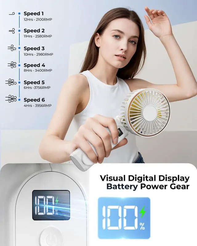 Alt view image 5 of 7 - Portable Handheld Fan, Portable Fan Rechargeable, 4000mAh, 180° Adjustable, 6 Speed Wind, Display Electricity in Real Time, USB Rechargeable Foldable F an, Quiet Personal Fan with Power Bank