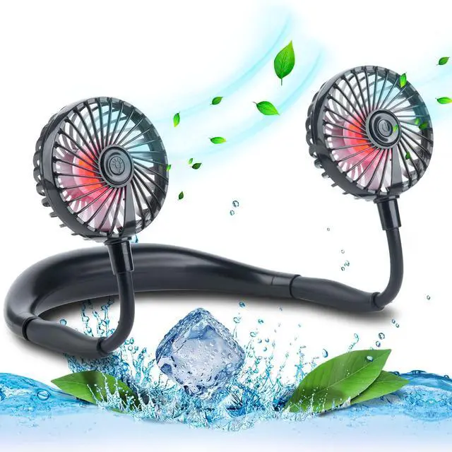 Main image of Portable Cooling Neck Fan, Rechargeable USB Personal Neck Fans Black | with Colorful LED lights, 360° Rotation, Wearable Neck Fan Air Conditioner for Office Travel Sport, 3 Adjustable Speeds