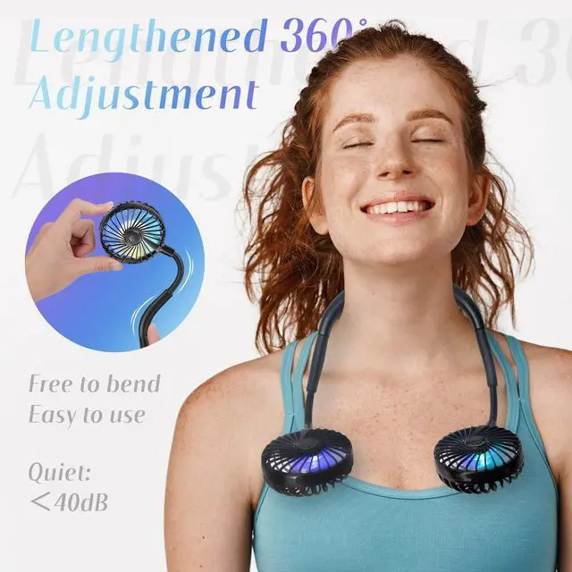 Alt view image 2 of 6 - Portable Cooling Neck Fan, Rechargeable USB Personal Neck Fans Black | with Colorful LED lights, 360° Rotation, Wearable Neck Fan Air Conditioner for Office Travel Sport, 3 Adjustable Speeds