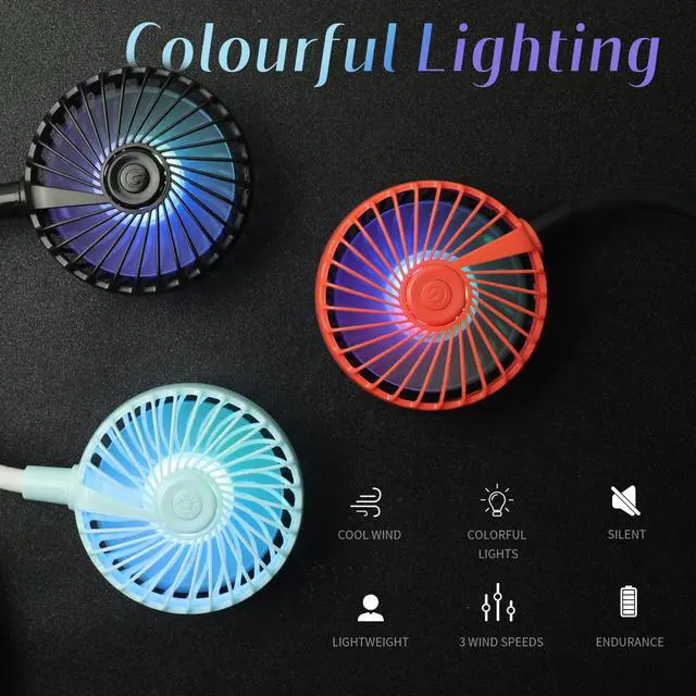 Alt view image 3 of 5 - Portable Cooling Neck Fan, Rechargeable USB Personal Neck Fan Pink | with Colorful LED lights, 360° Rotation, Wearable Neck Fan Air Conditioner for Office Travel Sport, 3 Adjustable Speeds