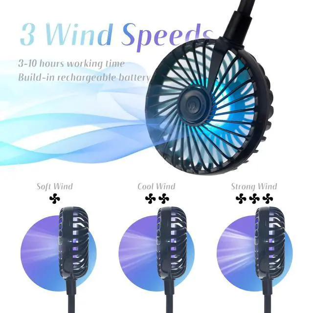 Alt view image 4 of 6 - Portable Cooling Neck Fan, Rechargeable USB Personal Neck Fans Black | with Colorful LED lights, 360° Rotation, Wearable Neck Fan Air Conditioner for Office Travel Sport, 3 Adjustable Speeds