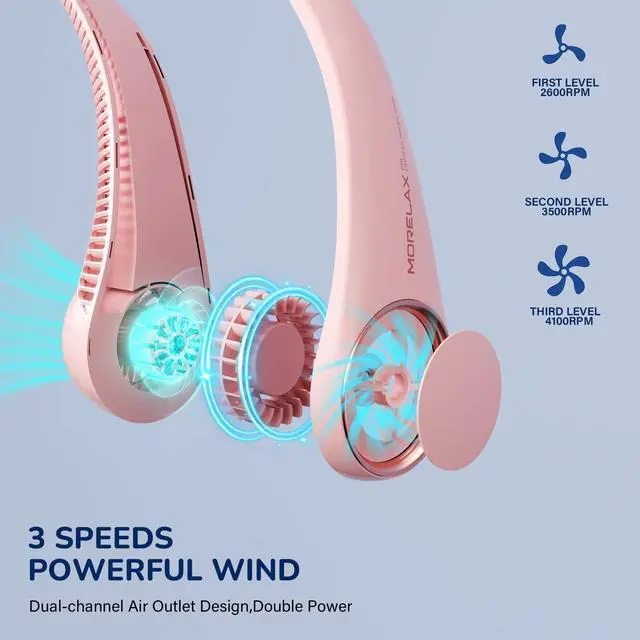 Alt view image 3 of 7 - Neck Fan, USB Rechargeable Personal Fan, 3 Speeds Adjustable, Large air outlet Powerful Strong Wind, Adjustable, 360° Cooling, Super Quiet, No Blade Design, No Hair Twisting, Small (Pink)