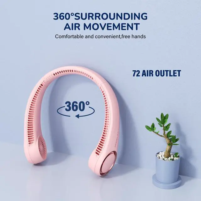 Alt view image 2 of 7 - Neck Fan, USB Rechargeable Personal Fan, 3 Speeds Adjustable, Large air outlet Powerful Strong Wind, Adjustable, 360° Cooling, Super Quiet, No Blade Design, No Hair Twisting, Small (Pink)